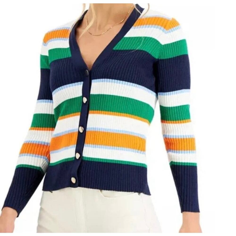 Charter Club Preppy striped v neck cardigan sweater Intrepid blue combo sz L